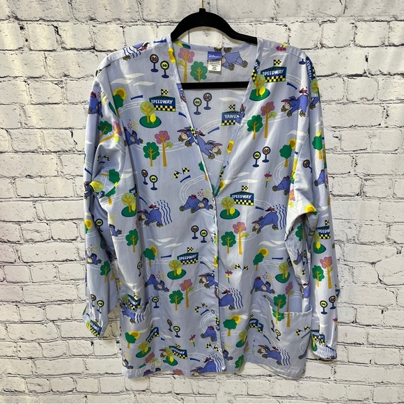 DISNEY Womens Eeyore Roller Speedway Long Sleeve Scrub Top Blue Size Large - Picture 1 of 9